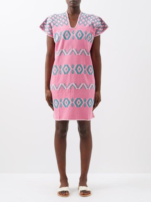 Pippa Holt - Embroidered Cotton Kaftan Dress - Womens - Pink Green