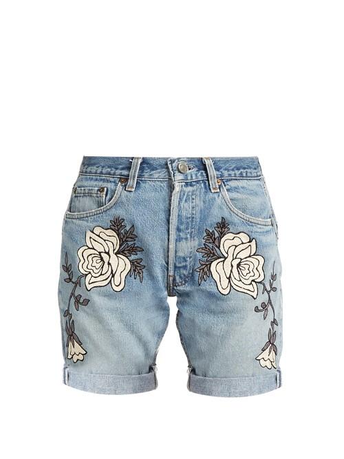 Bliss And Mischief Shadow Flower-embroidered Denim Shorts