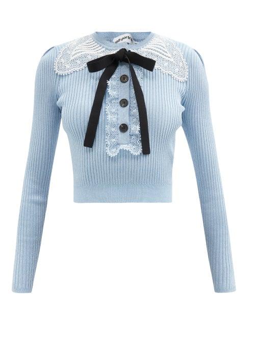 Ladies Rtw Self-portrait - Pussy-bow Lace-trimmed Ribbed Sweater - Womens - Light Blue