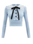 Ladies Rtw Self-portrait - Pussy-bow Lace-trimmed Ribbed Sweater - Womens - Light Blue