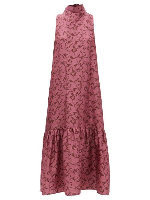 Asceno - Oslo Stem-print Tie-neck Silk-twill Dress - Womens - Pink Print