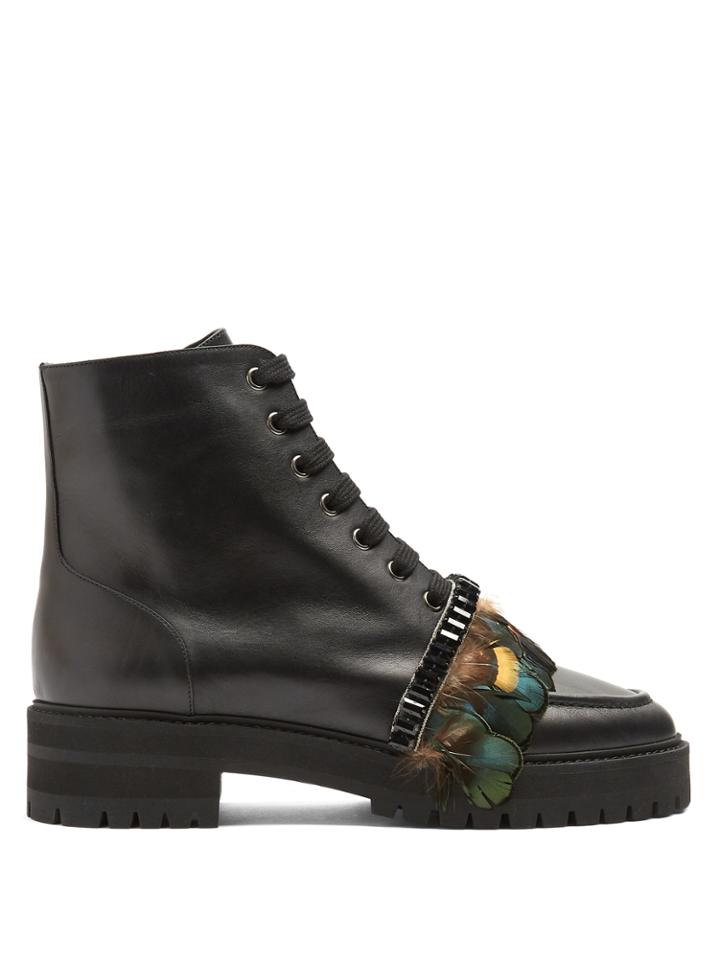 Rochas Feather-trimmed Leather Ankle Boots