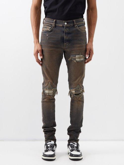 Amiri - Mx1 Plaid-panel Distressed Slim-leg Jeans - Mens - Dark Indigo