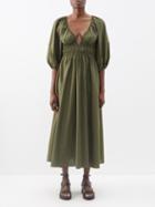 Matteau - Plunge-front Shirred-cotton Midi Dress - Womens - Olive