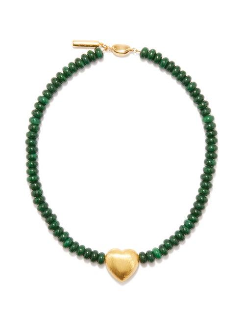 Timeless Pearly - Heart Gold-plated Beaded Necklace - Womens - Green Gold