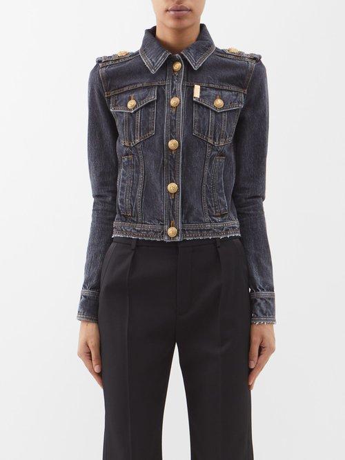 Balmain - Buttoned Cropped Denim Jacket - Womens - Black