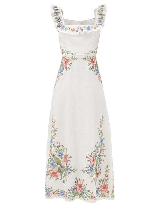 Matchesfashion.com Zimmermann - Juliette Ruffled Cross-stitched Linen Midi Dress - Womens - White Multi