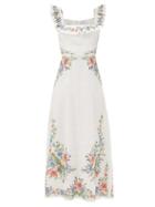 Matchesfashion.com Zimmermann - Juliette Ruffled Cross-stitched Linen Midi Dress - Womens - White Multi