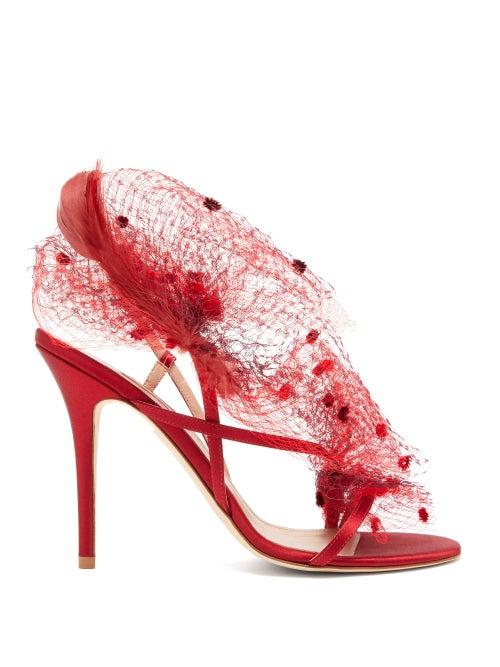 Matchesfashion.com Andrea Mondin - Anne Satin, Mesh And Feather Sandals - Womens - Red