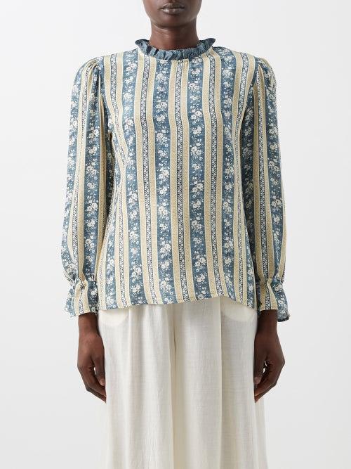 D'ascoli - Nusa Floral-print Silk Top - Womens - Blue Multi
