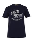 Matchesfashion.com Maison Kitsun - Logo Print Cotton T Shirt - Mens - Navy