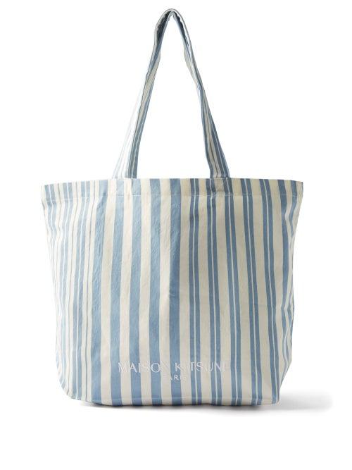 Maison Kitsun - Logo-print Striped Cotton-canvas Tote - Mens - Blue