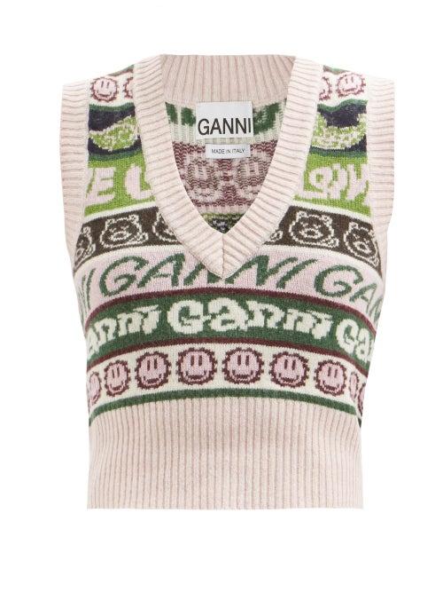 Ganni - Logo-jacquard Wool-blend Vest - Womens - Multi