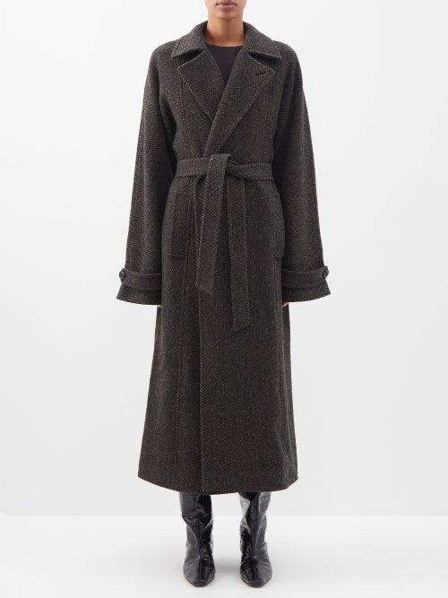 Raey - Oversized Belted Herringbone Wool Coat - Womens - Khaki