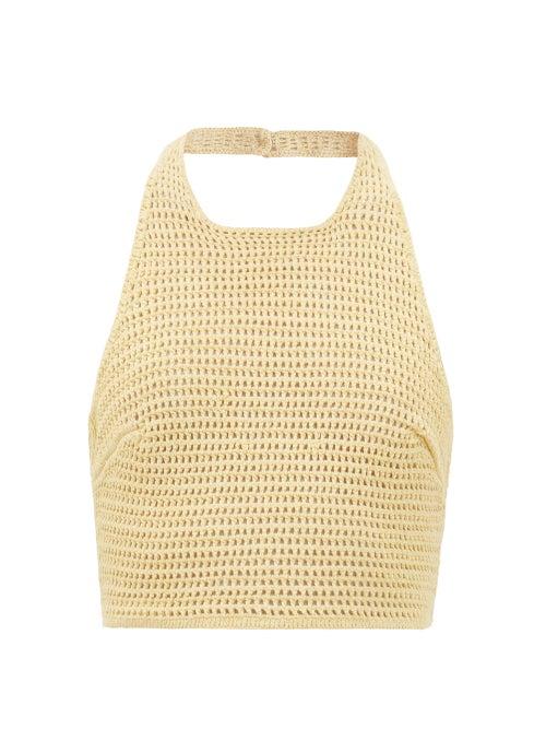 Albus Lumen - Lorem Halterneck Cotton-crochet Cropped Top - Womens - Yellow