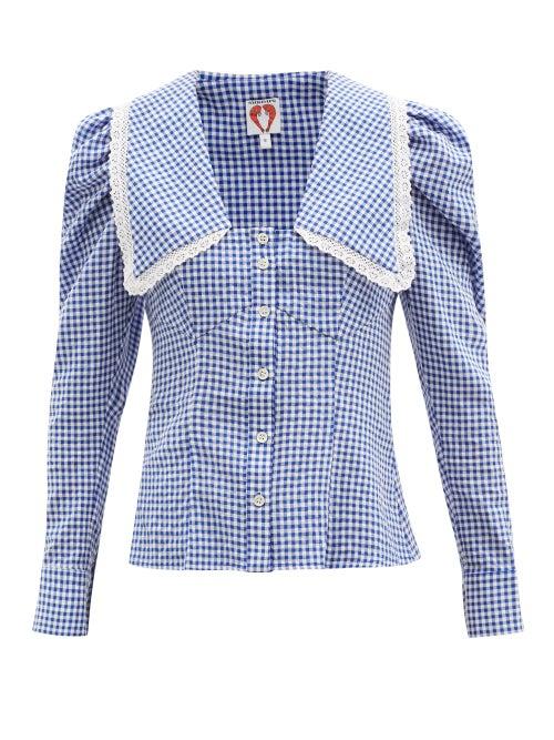 Matchesfashion.com Shrimps - Elliot Lace-trimmed Gingham Cotton-blend Blouse - Womens - Blue