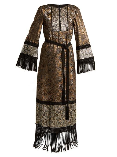 Matchesfashion.com Andrew Gn - Fringed Edge Tie Waist Brocade Gown - Womens - Gold