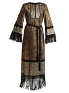 Matchesfashion.com Andrew Gn - Fringed Edge Tie Waist Brocade Gown - Womens - Gold