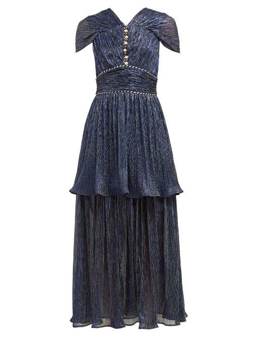 Matchesfashion.com Peter Pilotto - Faux Pearl Pliss Lam Dress - Womens - Navy