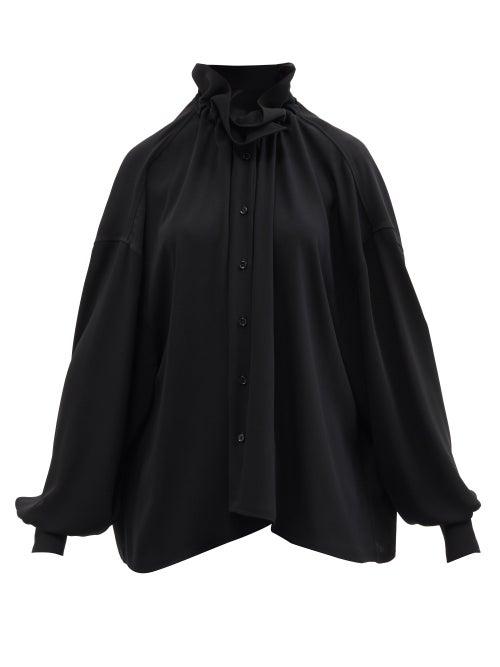 Ladies Rtw Mm6 Maison Margiela - Ruffled-neckline Balloon-sleeve Crepe Blouse - Womens - Black