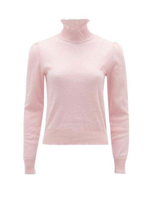 Matchesfashion.com Symonds Pearmain - Ruffled-neck Pointelle-knitted Cotton Sweater - Womens - Pink