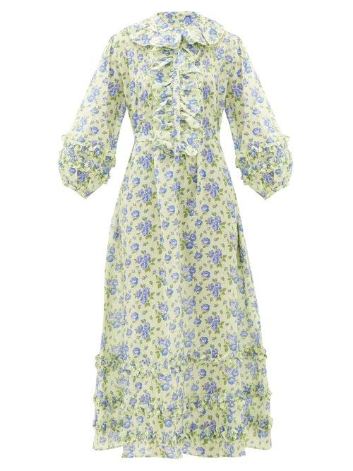 Matchesfashion.com Evi Grintela - English Rose Floral-print Ruffles Cotton Dress - Womens - Blue Print