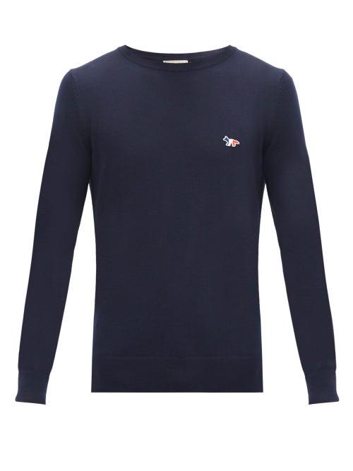 Matchesfashion.com Maison Kitsun - Tricolour Fox-patch Wool Sweater - Mens - Navy