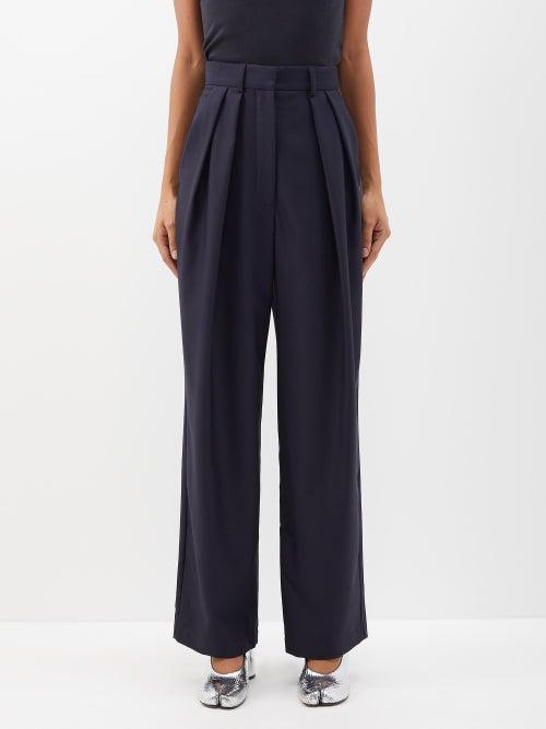 Raey - High-waist Pleat Front Organic Wool Trousers - Womens - Navy