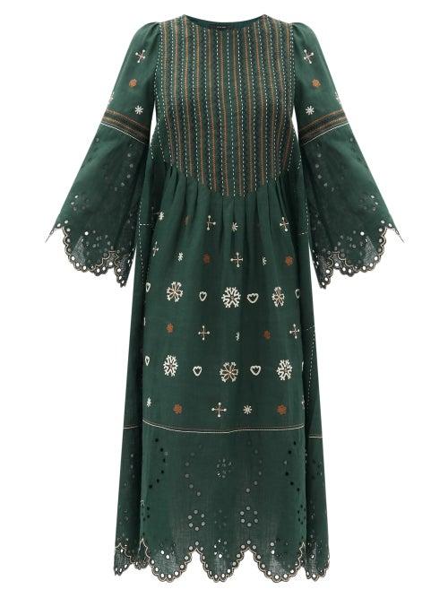 Matchesfashion.com Vita Kin - Jacqueline Broderie-anglaise Linen Midi Dress - Womens - Dark Green