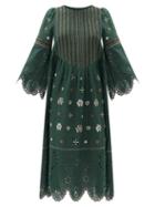 Matchesfashion.com Vita Kin - Jacqueline Broderie-anglaise Linen Midi Dress - Womens - Dark Green