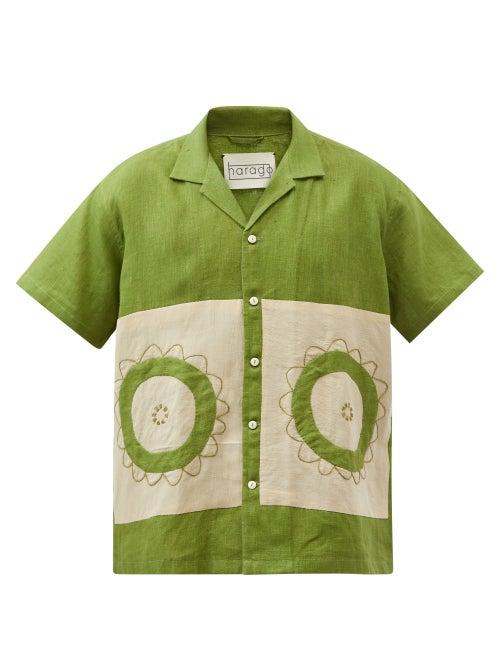 Harago - Flower-embroidered Linen-blend Shirt - Mens - Green Multi