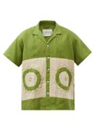 Harago - Flower-embroidered Linen-blend Shirt - Mens - Green Multi