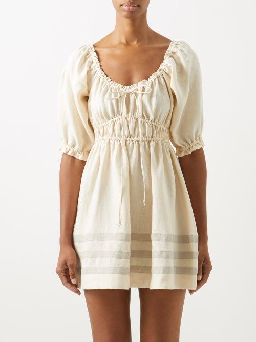 Casa Raki - Olga Puff-sleeve Ruched Organic-linen Mini Dress - Womens - Natural