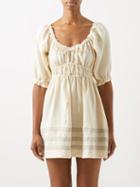 Casa Raki - Olga Puff-sleeve Ruched Organic-linen Mini Dress - Womens - Natural