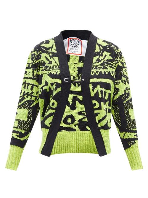 Ladies Rtw Matty Bovan - Tucked-hem Shield-jacquard Cardigan - Womens - Yellow Multi