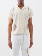 Harago - Floral Cross-stitched Cotton Shirt - Mens - White Multi