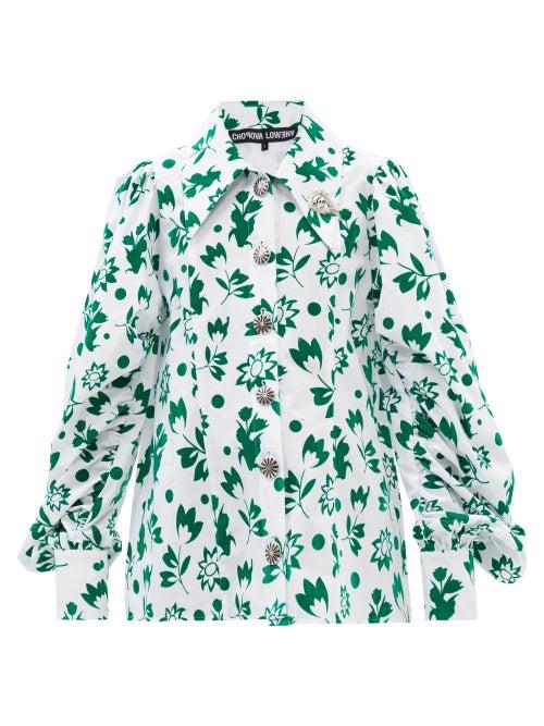 Chopova Lowena - Hera Flocked-floral Cotton-poplin Blouse - Womens - White Multi
