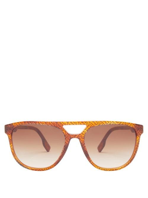 Matchesfashion.com Burberry - Tb-print Aviator Acetate Sunglasses - Mens - Orange