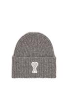 Matchesfashion.com Ami - Logo Appliqu Ribbed Wool Beanie Hat - Mens - Grey
