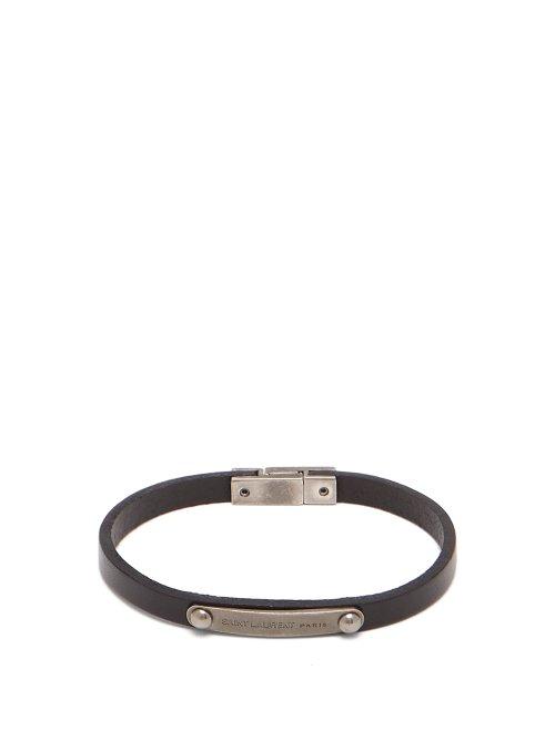 Matchesfashion.com Saint Laurent - Logo Engraved Plaque Leather Bracelet - Mens - Black