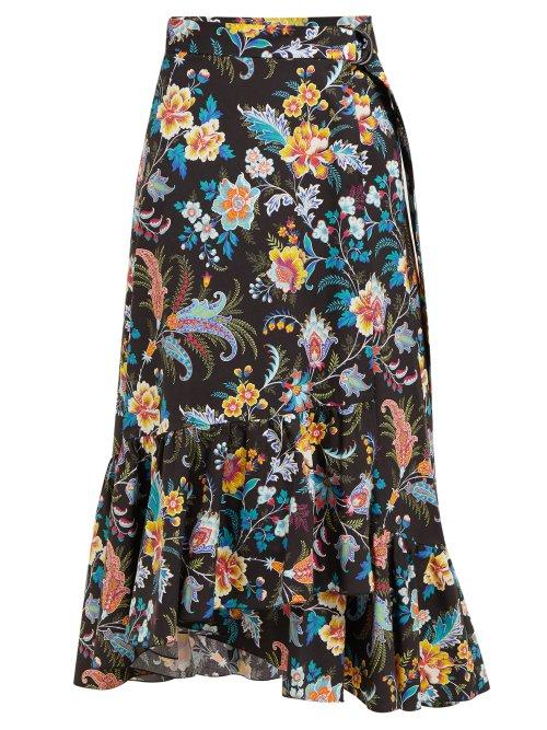 Matchesfashion.com Etro - Cheshire Floral Print Cotton Wrap Midi Skirt - Womens - Black Multi