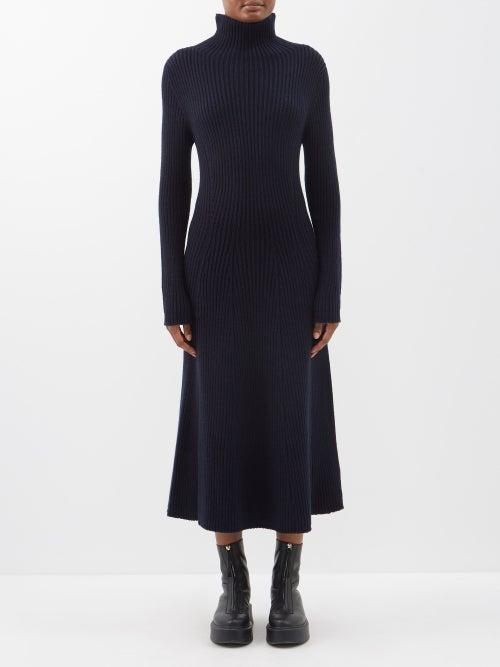 Johnstons Of Elgin - High-neck Ribbed-knit Cashmere Midi Dress - Womens - Navy