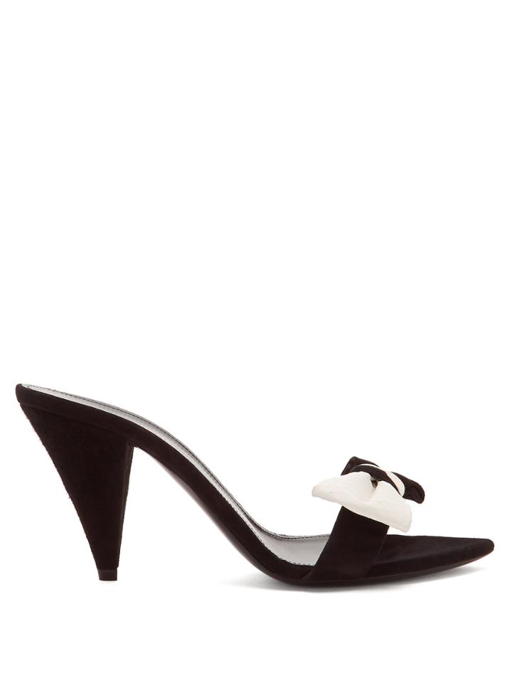 Saint Laurent Era Bow-embellished Suede And Snakeskin Mules
