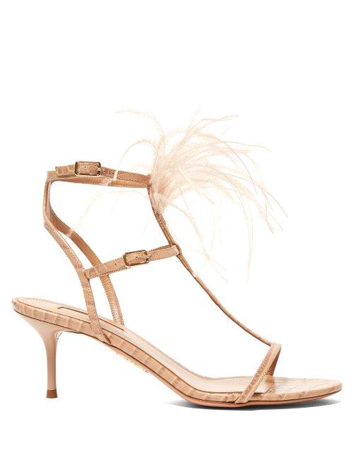 Matchesfashion.com Aquazzura - Ponza 60 Feather Embellished Leather Sandals - Womens - Nude