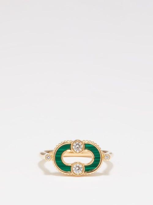 Viltier - Magnetic Diamond, Malachite & 18kt Gold Ring - Womens - Green Gold
