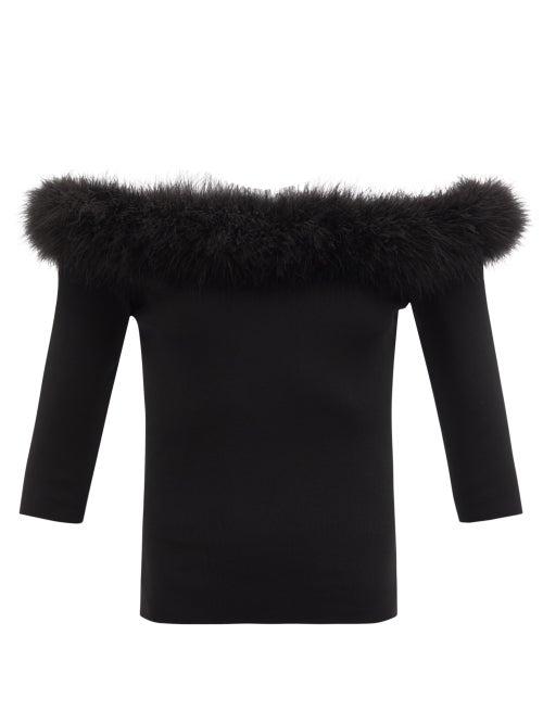 Ladies Rtw Saint Laurent - Off-the-shoulder Feather-trim Stretch-knit Top - Womens - Black