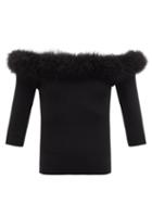 Ladies Rtw Saint Laurent - Off-the-shoulder Feather-trim Stretch-knit Top - Womens - Black