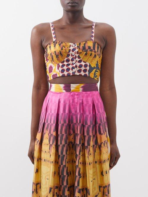 Biyan - Salsen Patchwork Silk Crop Top - Womens - Multi