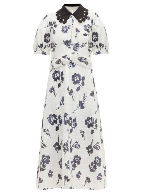 Matchesfashion.com Self-portrait - Sequin Embellished Floral Midi Dress - Womens - Cream Navy