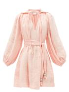 Matchesfashion.com Lisa Marie Fernandez - Poet Belted Linen Mini Dress - Womens - Light Pink